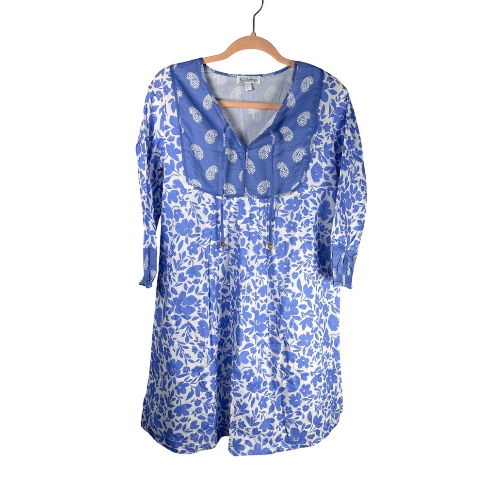 PJ Salvage Cotton Voile Floral Dress Blue White Cottagecore Boho Resort